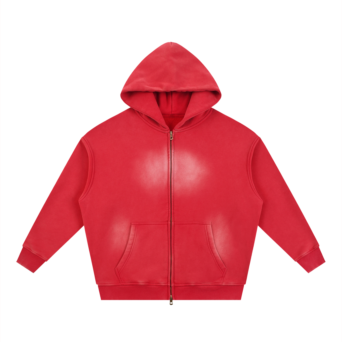 Unisex Sunfade Two-way Zipper Boxy Fleece Hoodie in red