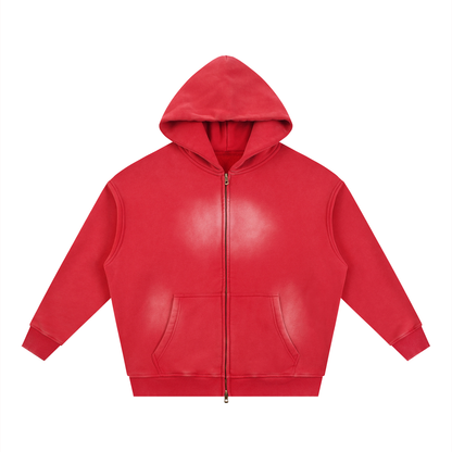 Unisex Sunfade Two-way Zipper Boxy Fleece Hoodie in red