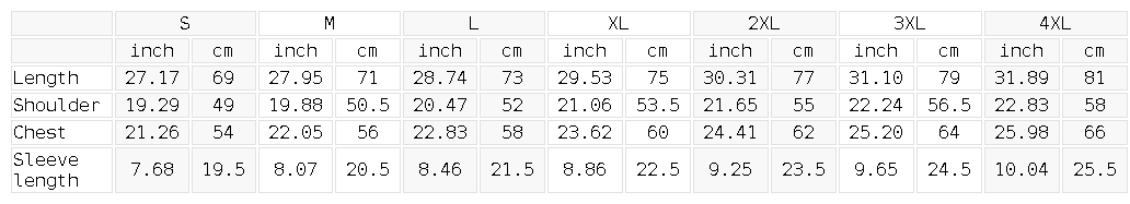 Size chart for the Unisex Thin Loose Drop Shoulder Cotton T-Shirt