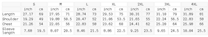 Size chart for the Unisex Thin Loose Drop Shoulder Cotton T-Shirt