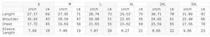 Size chart for the Unisex Thin Loose Fit Cotton T-Shirt