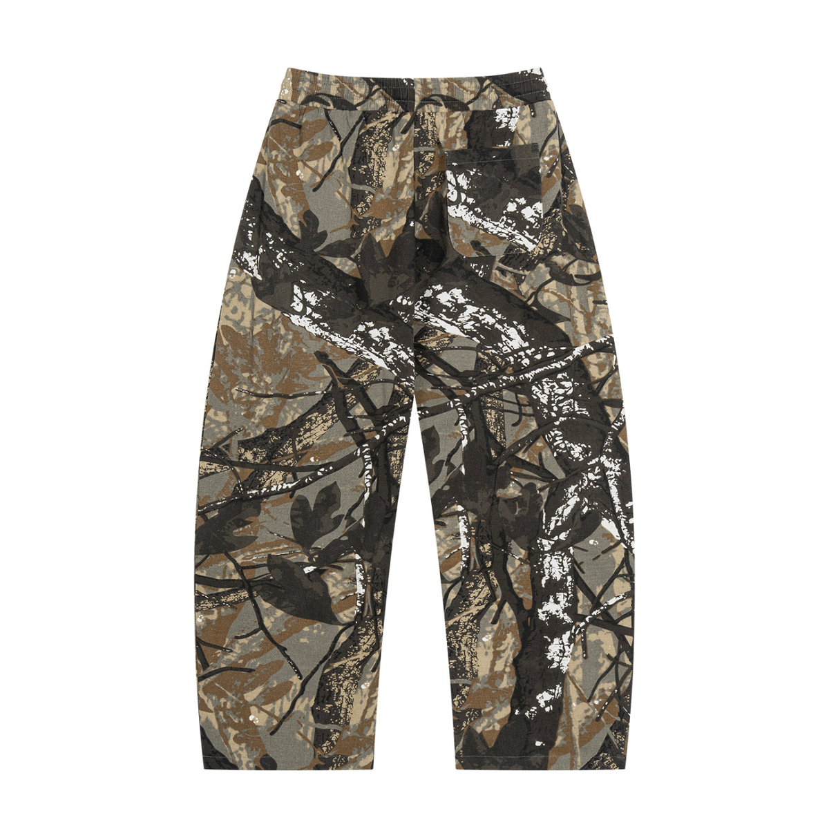 Unisex Tree Camo Barrel Leg Pants in brown tree camo, alternate angle