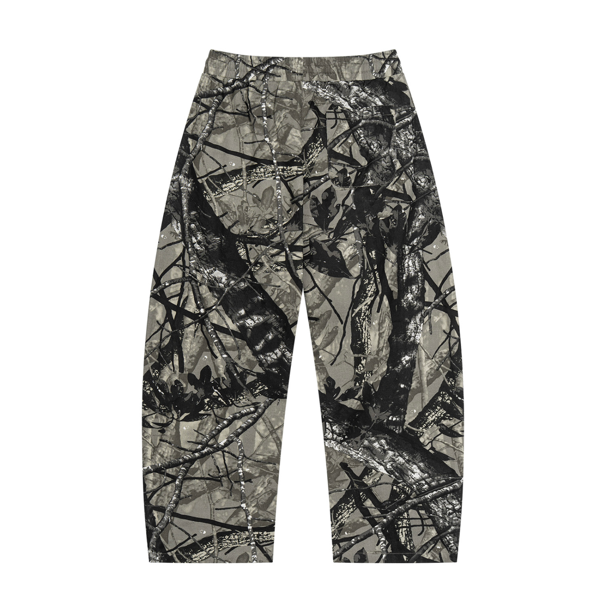 Unisex Tree Camo Barrel Leg Pants in gray tree camo, alternate angle