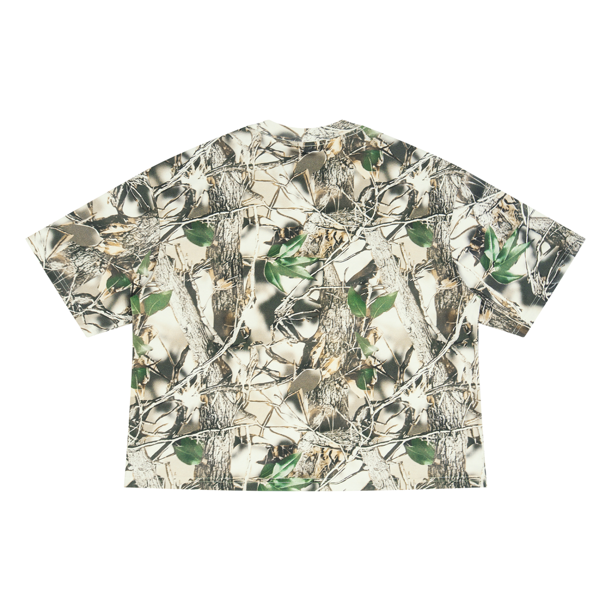Unisex Tree Camo Boxy T-Shirt in tree camo, alternate angle