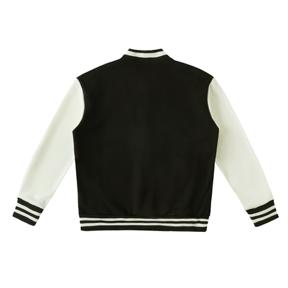 Unisex Two-Tone Fleeced Varsity Jacket in black with white, alternate angle