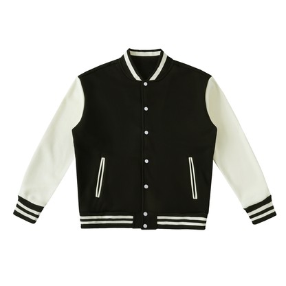 Unisex Two-Tone Fleeced Varsity Jacket in black with white