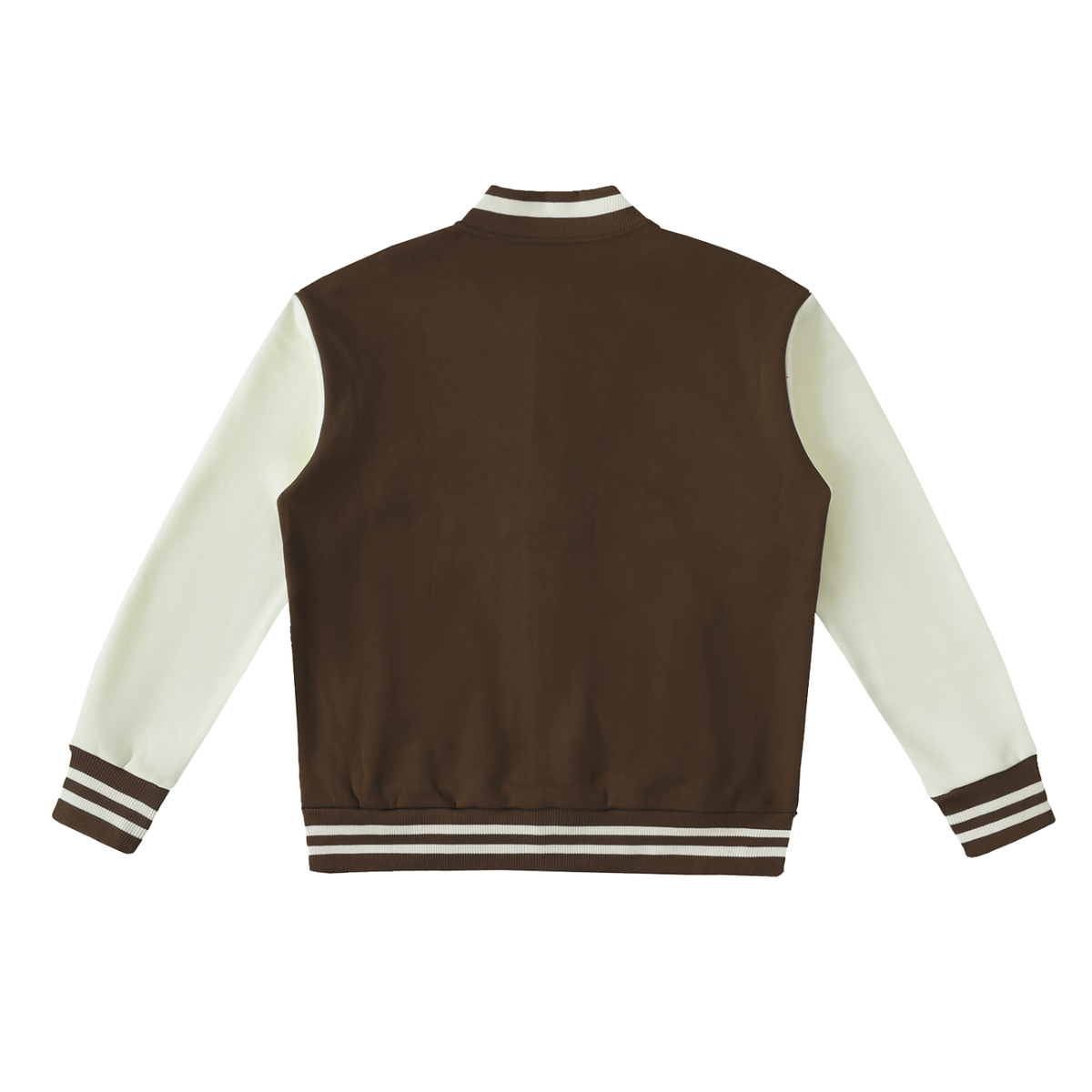 Unisex Two-Tone Fleeced Varsity Jacket in coffee with white, alternate angle