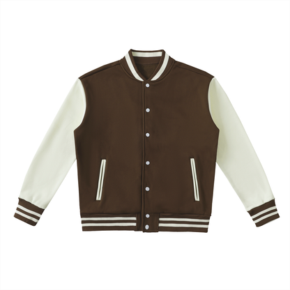 Unisex Two-Tone Fleeced Varsity Jacket in coffee with white