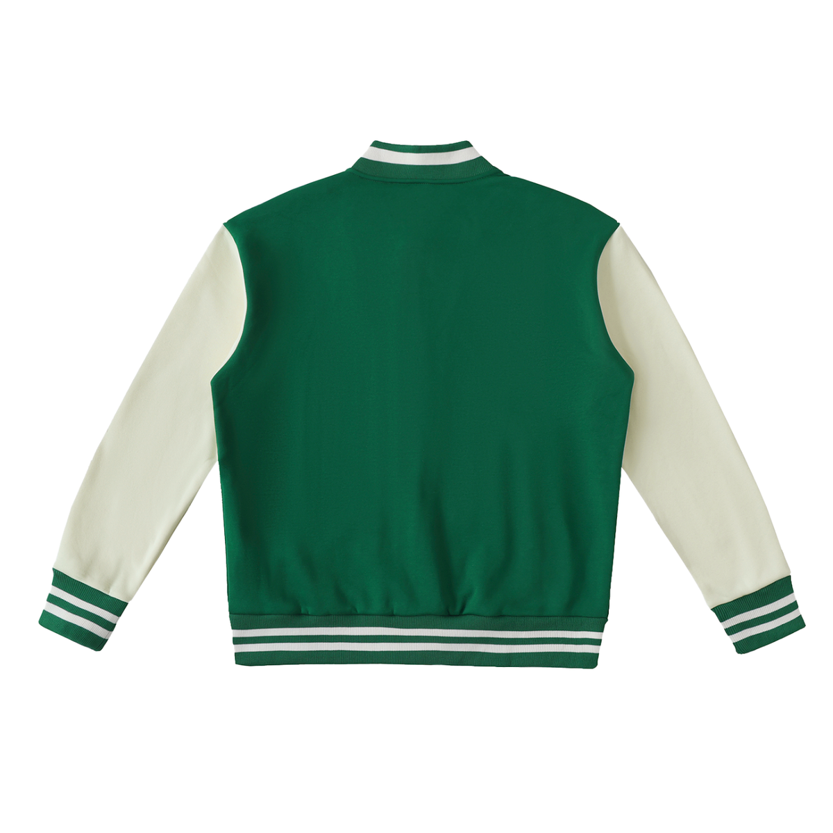 Unisex Two-Tone Fleeced Varsity Jacket in green with white, alternate angle