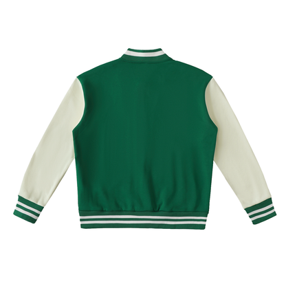 Unisex Two-Tone Fleeced Varsity Jacket in green with white, alternate angle