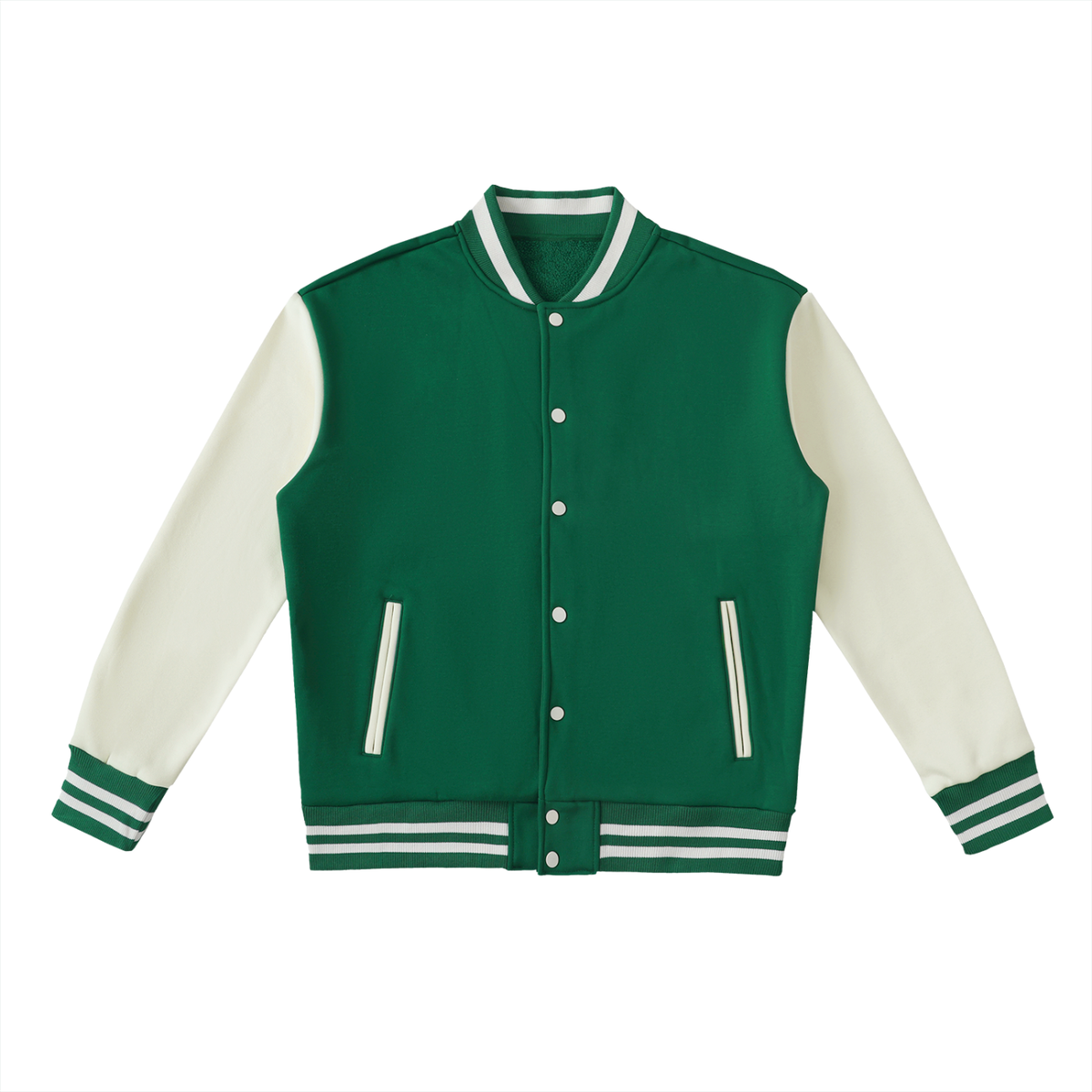 Unisex Two-Tone Fleeced Varsity Jacket in green with white