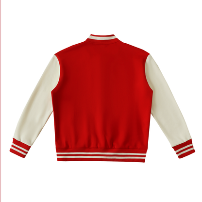 Unisex Two-Tone Fleeced Varsity Jacket in red with white, alternate angle