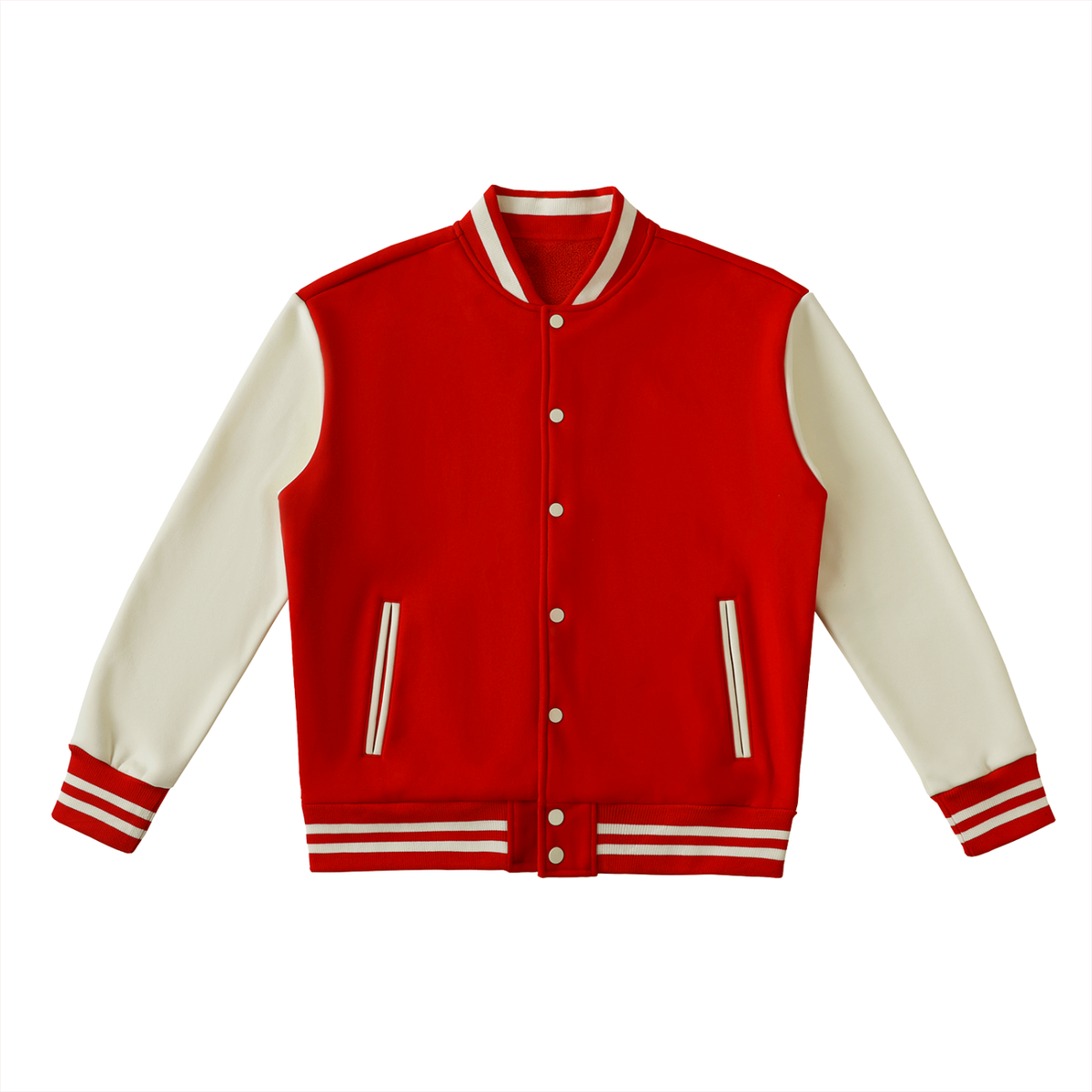 Unisex Two-Tone Fleeced Varsity Jacket in red with white