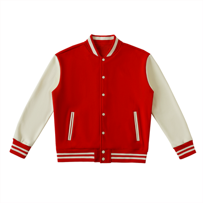 Unisex Two-Tone Fleeced Varsity Jacket in red with white