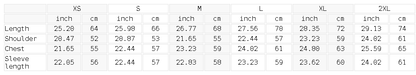 Size chart for the Unisex Two-Tone Fleeced Varsity Jacket
