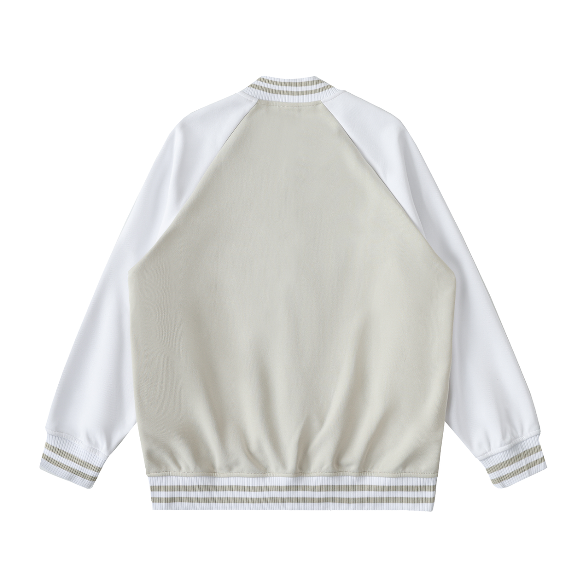 Unisex Two Tone Raglan Sleeve Varsity Jacket in beige camel with white, alternate angle