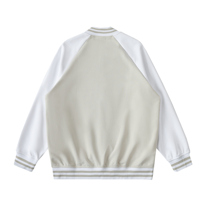 Unisex Two Tone Raglan Sleeve Varsity Jacket in beige camel with white, alternate angle