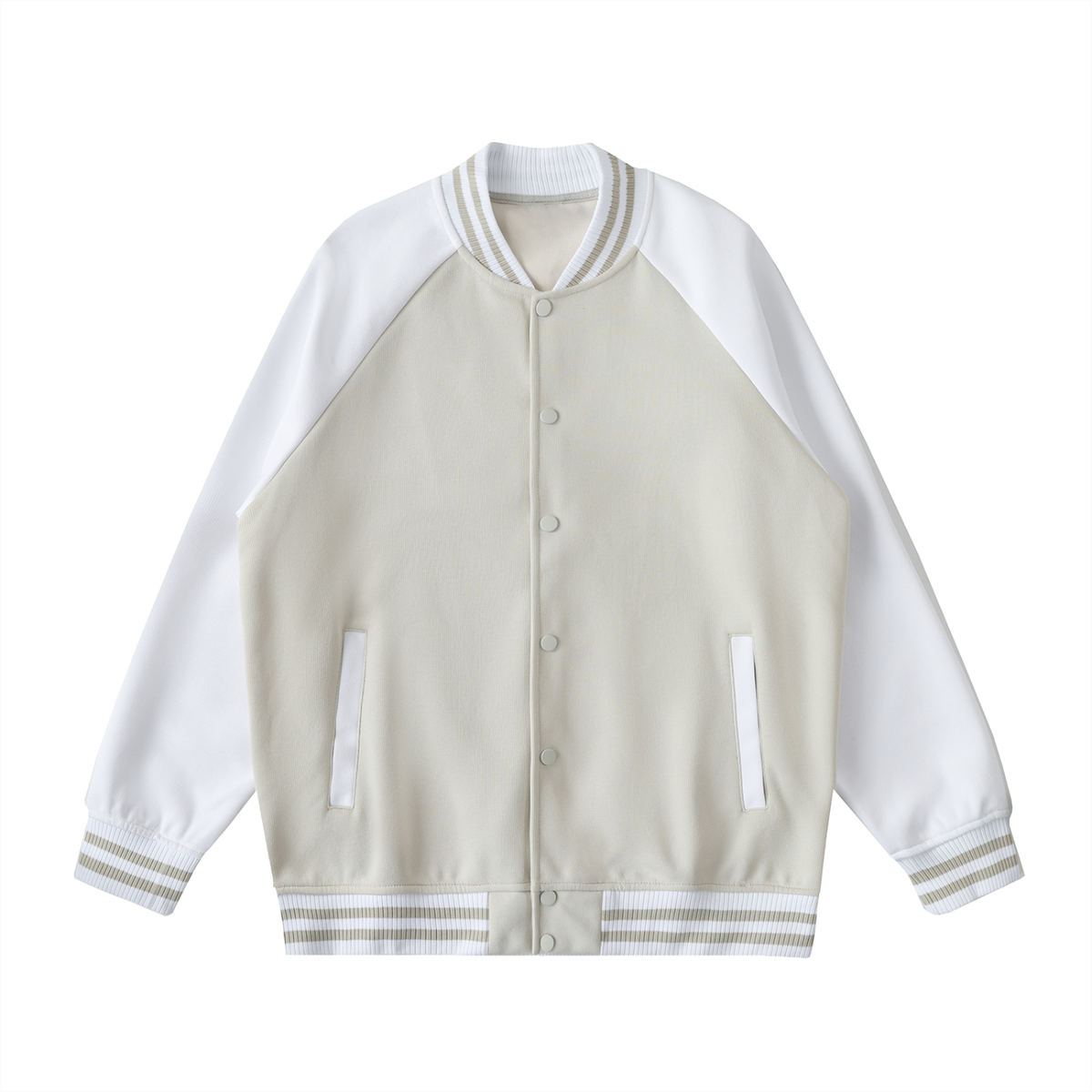 Unisex Two Tone Raglan Sleeve Varsity Jacket in beige camel with white