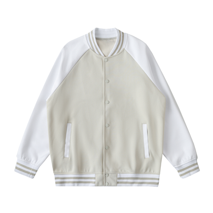 Unisex Two Tone Raglan Sleeve Varsity Jacket in beige camel with white