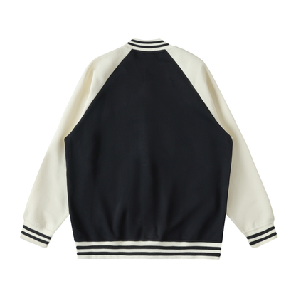Unisex Two Tone Raglan Sleeve Varsity Jacket in black with apricot, alternate angle
