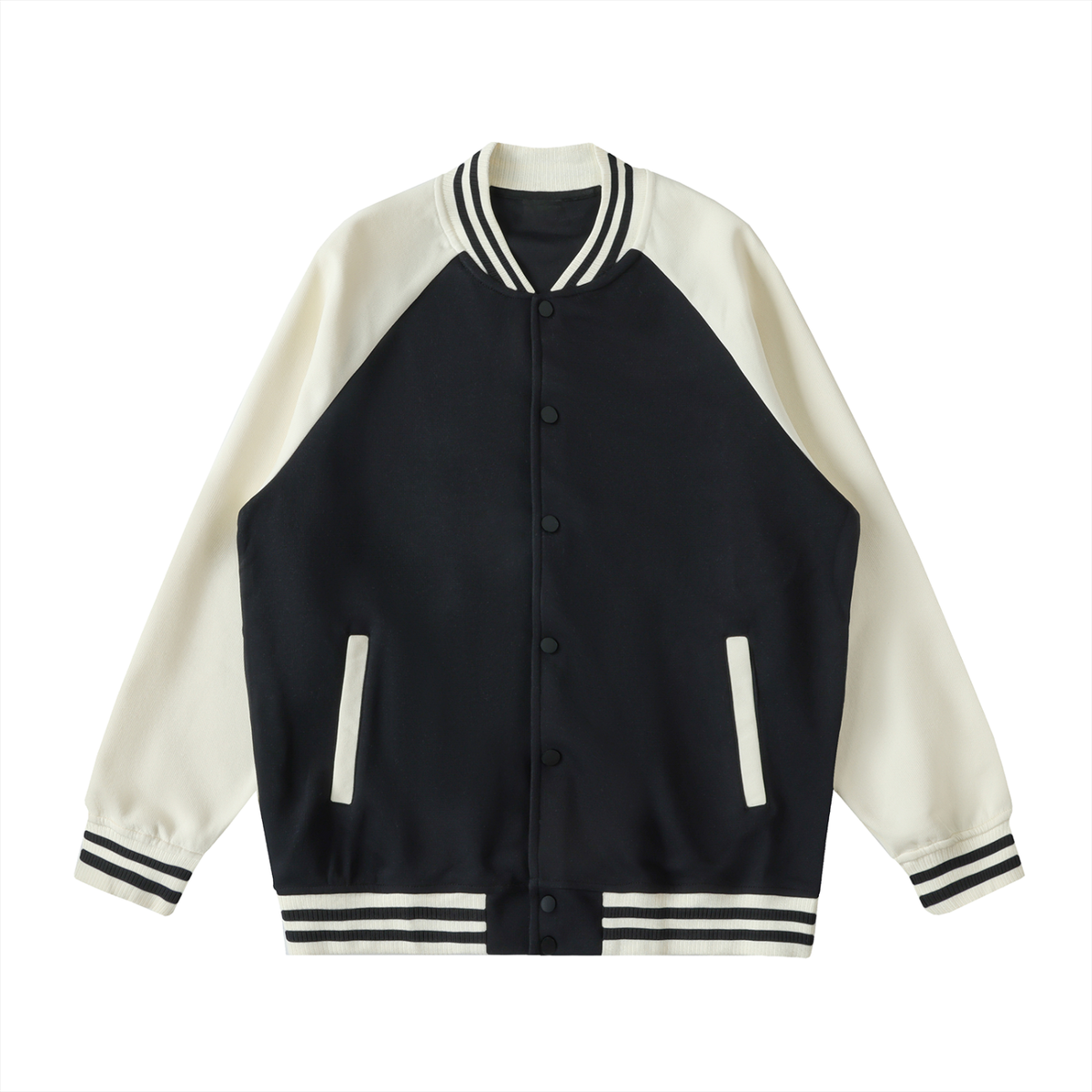 Unisex Two Tone Raglan Sleeve Varsity Jacket in black with apricot