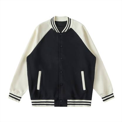 Unisex Two Tone Raglan Sleeve Varsity Jacket in black with apricot