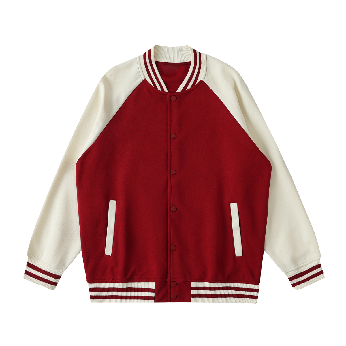 Unisex Two Tone Raglan Sleeve Varsity Jacket in garnet with apricot