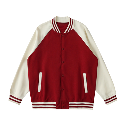 Unisex Two Tone Raglan Sleeve Varsity Jacket in garnet with apricot