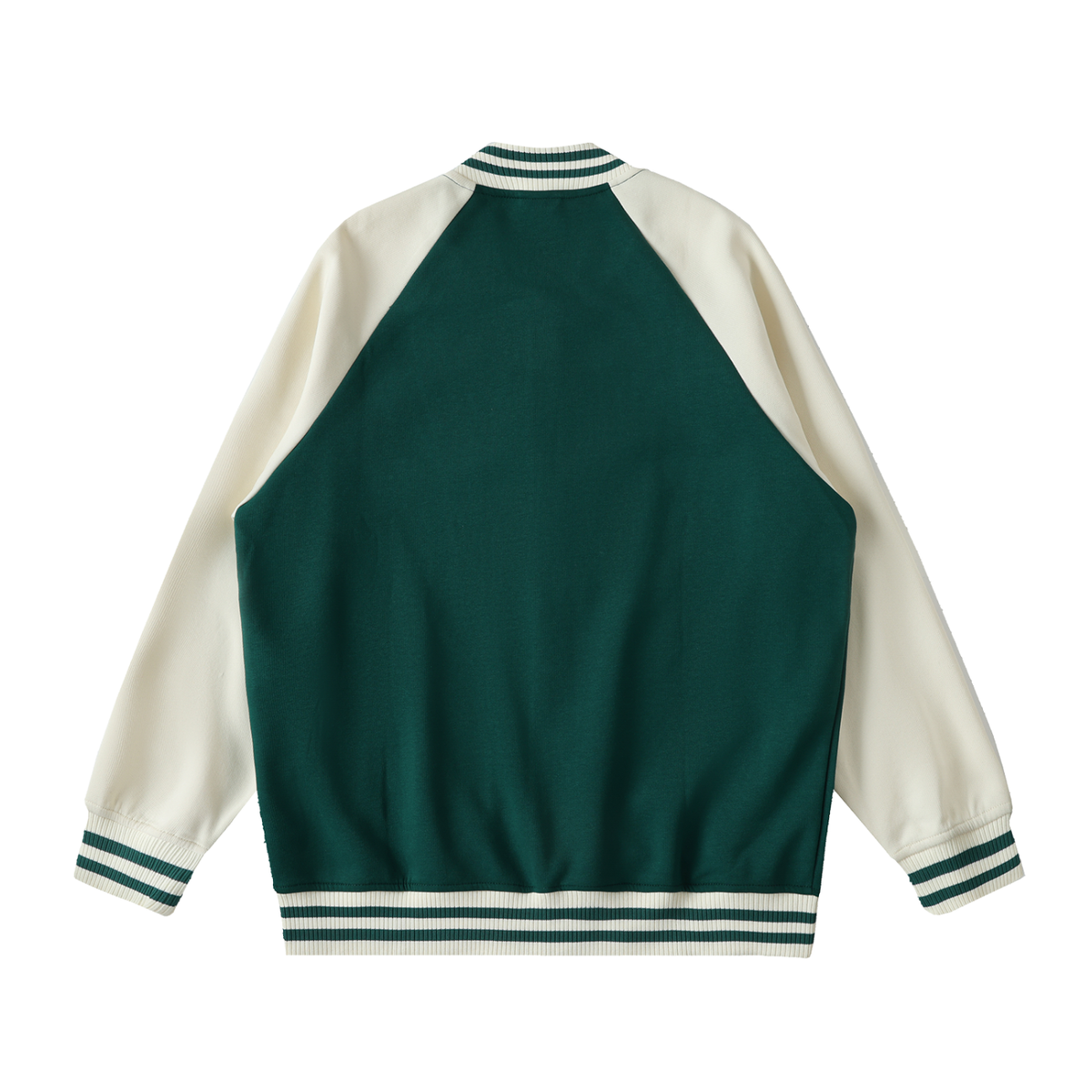 Unisex Two Tone Raglan Sleeve Varsity Jacket in green with apricot, alternate angle