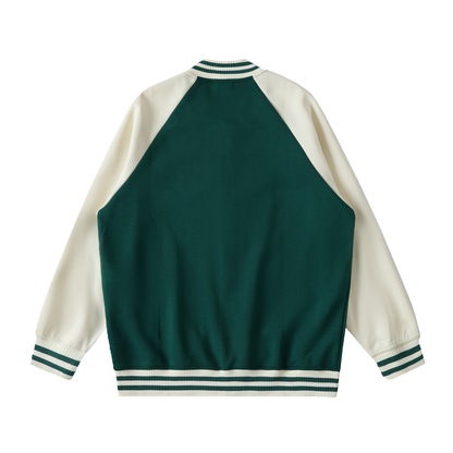 Unisex Two Tone Raglan Sleeve Varsity Jacket in green with apricot, alternate angle