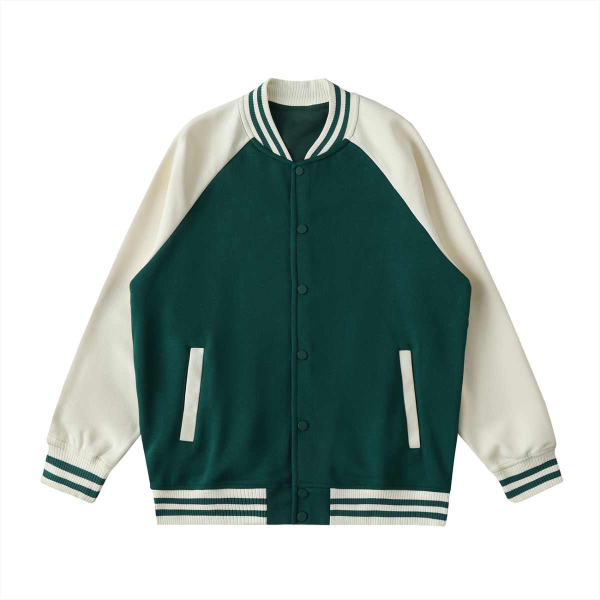 Unisex Two Tone Raglan Sleeve Varsity Jacket in green with apricot