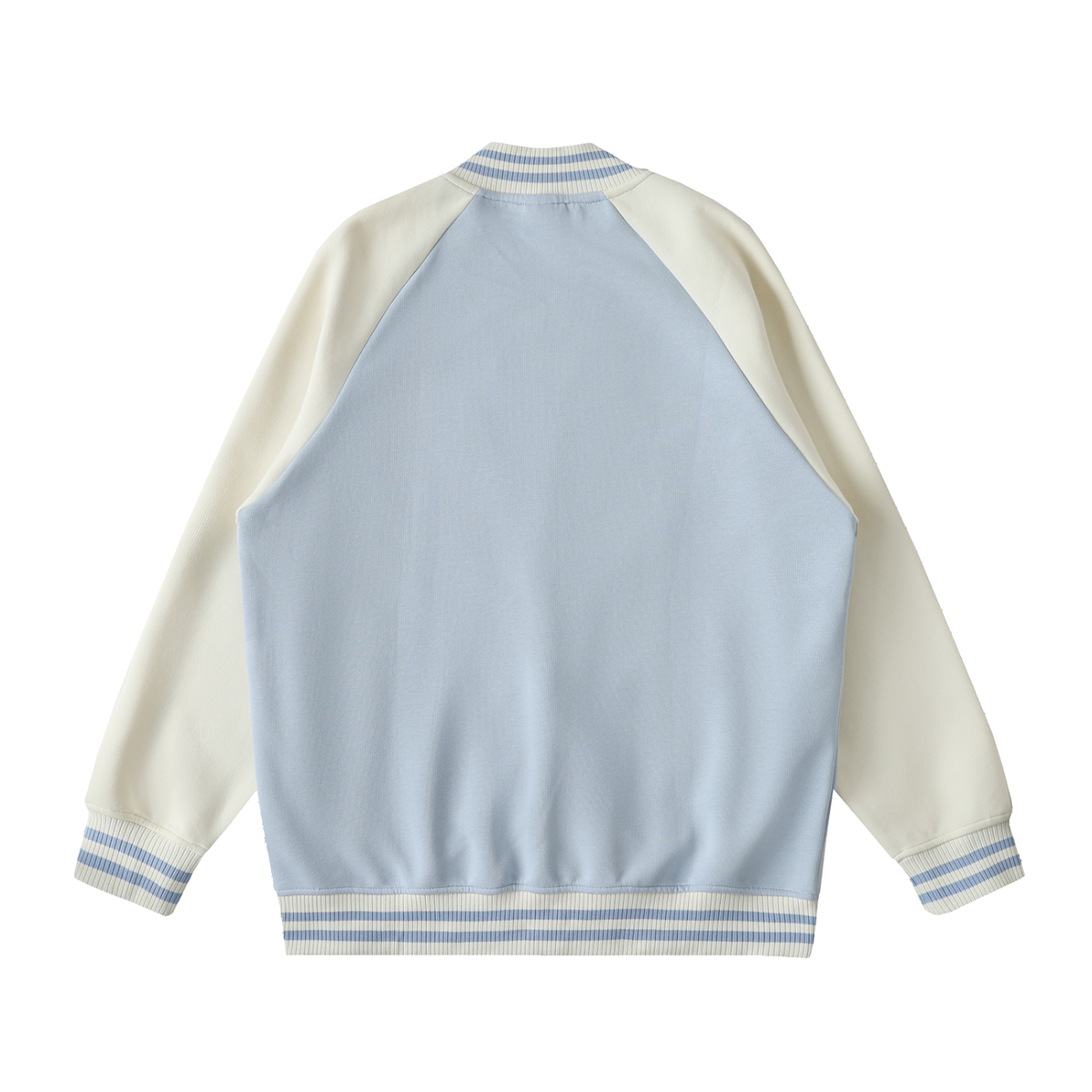 Unisex Two Tone Raglan Sleeve Varsity Jacket in light blue with apricot, alternate angle