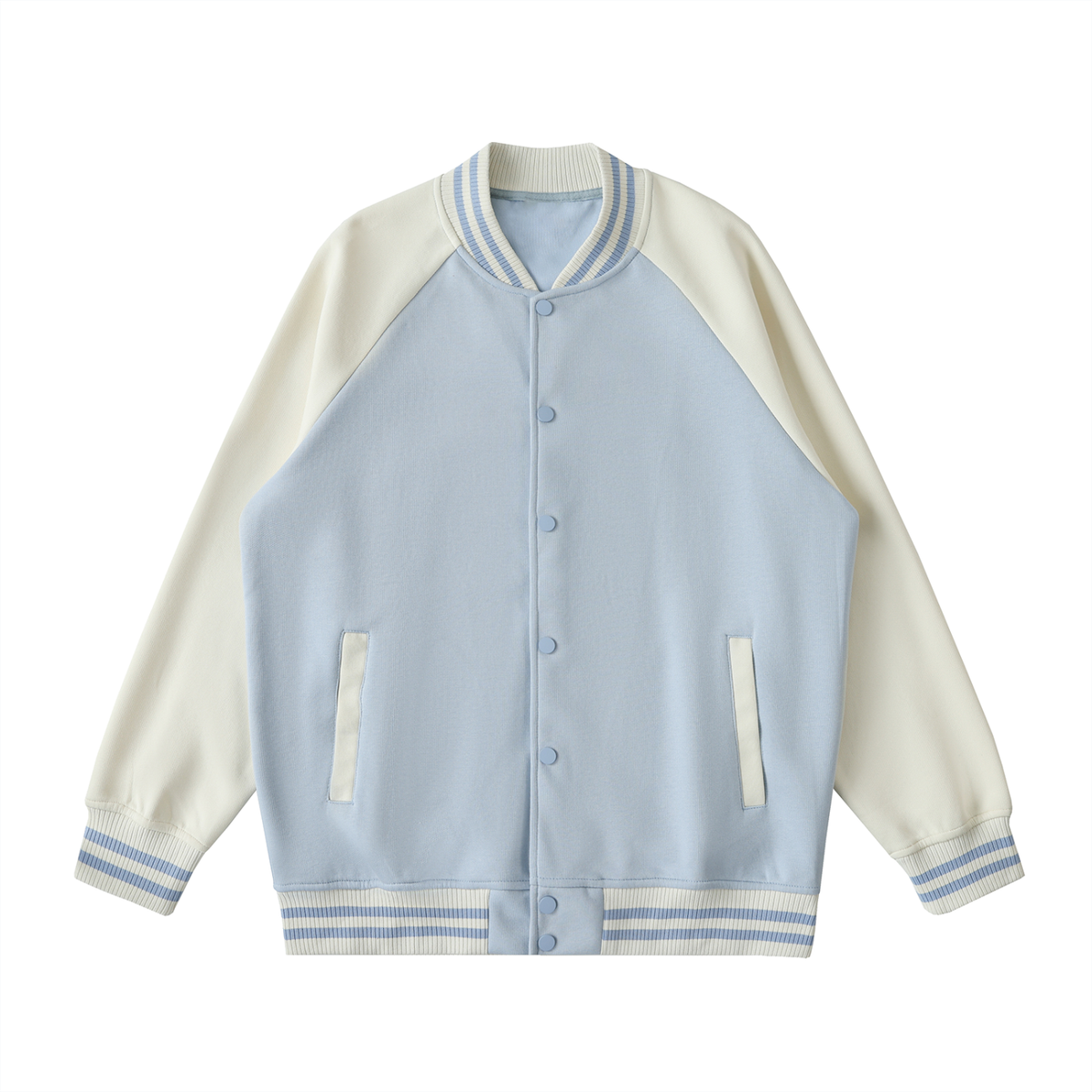 Unisex Two Tone Raglan Sleeve Varsity Jacket in light blue with apricot