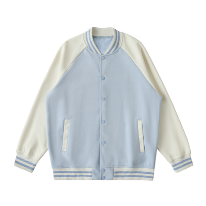 Unisex Two Tone Raglan Sleeve Varsity Jacket in light blue with apricot