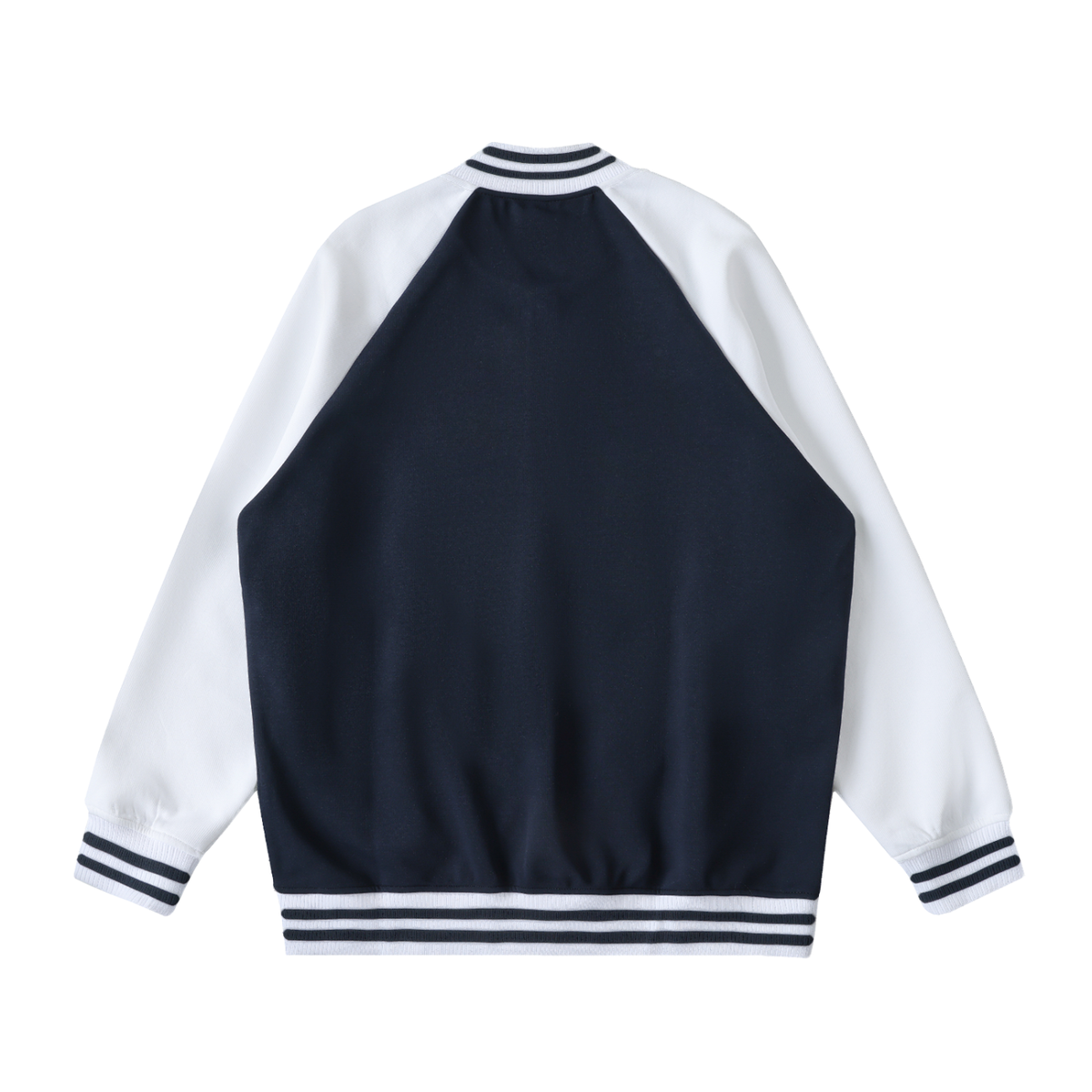 Unisex Two Tone Raglan Sleeve Varsity Jacket in navy blue with white, alternate angle
