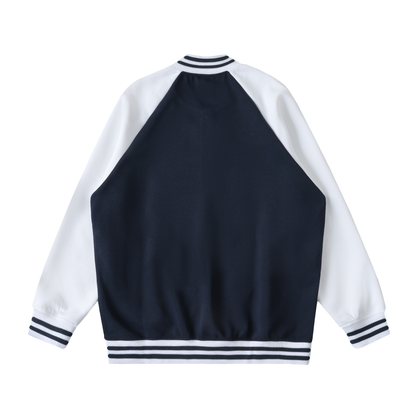 Unisex Two Tone Raglan Sleeve Varsity Jacket in navy blue with white, alternate angle