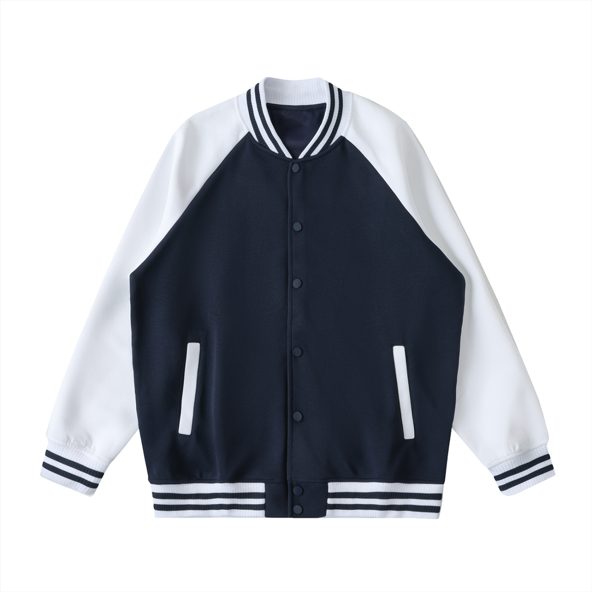 Unisex Two Tone Raglan Sleeve Varsity Jacket in navy blue with white