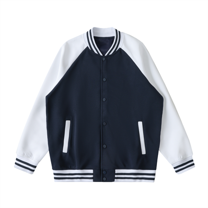 Unisex Two Tone Raglan Sleeve Varsity Jacket in navy blue with white