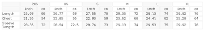 Size chart for the Unisex Two Tone Raglan Sleeve Varsity Jacket