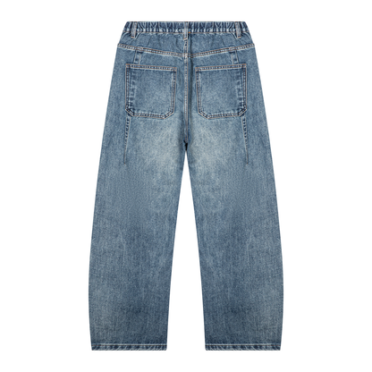 Unisex Vintage Wash Barrel Leg Denim Jeans in jeans blue, alternate angle