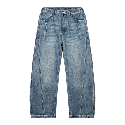 Unisex Vintage Wash Barrel Leg Denim Jeans in jeans blue