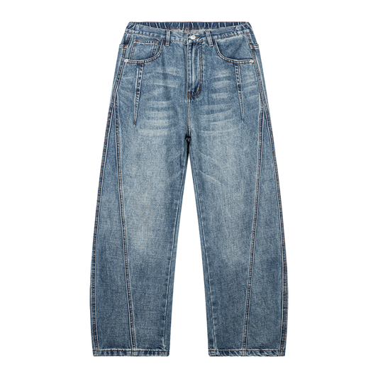 Unisex Vintage Wash Barrel Leg Denim Jeans in jeans blue
