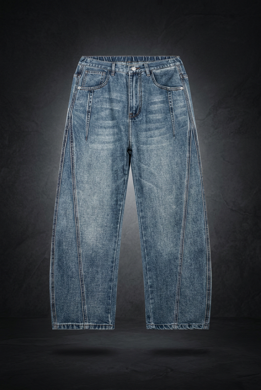 Unisex Vintage Wash Barrel Leg Denim Jeans, view 1