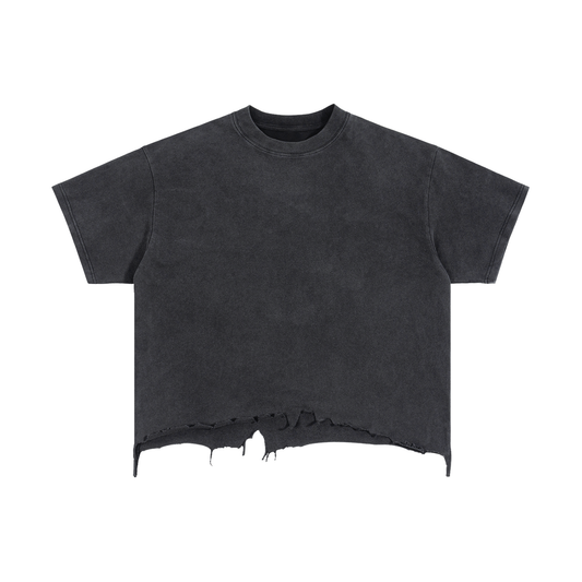 Unisex Vintage Wash Boxy Distressed Hem T-Shirt in black