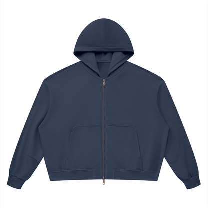 Unisex Vintage Wash Boxy Full Zip Hoodie in navy blue