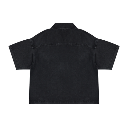Unisex Vintage Wash Boxy Quarter-Zip Denim Shirt in black, alternate angle