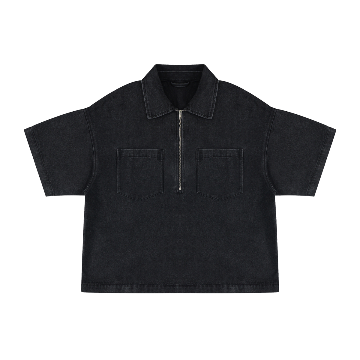 Unisex Vintage Wash Boxy Quarter-Zip Denim Shirt in black