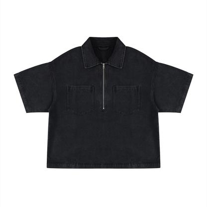 Unisex Vintage Wash Boxy Quarter-Zip Denim Shirt in black