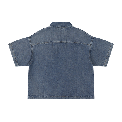Unisex Vintage Wash Boxy Quarter-Zip Denim Shirt in jeans blue, alternate angle
