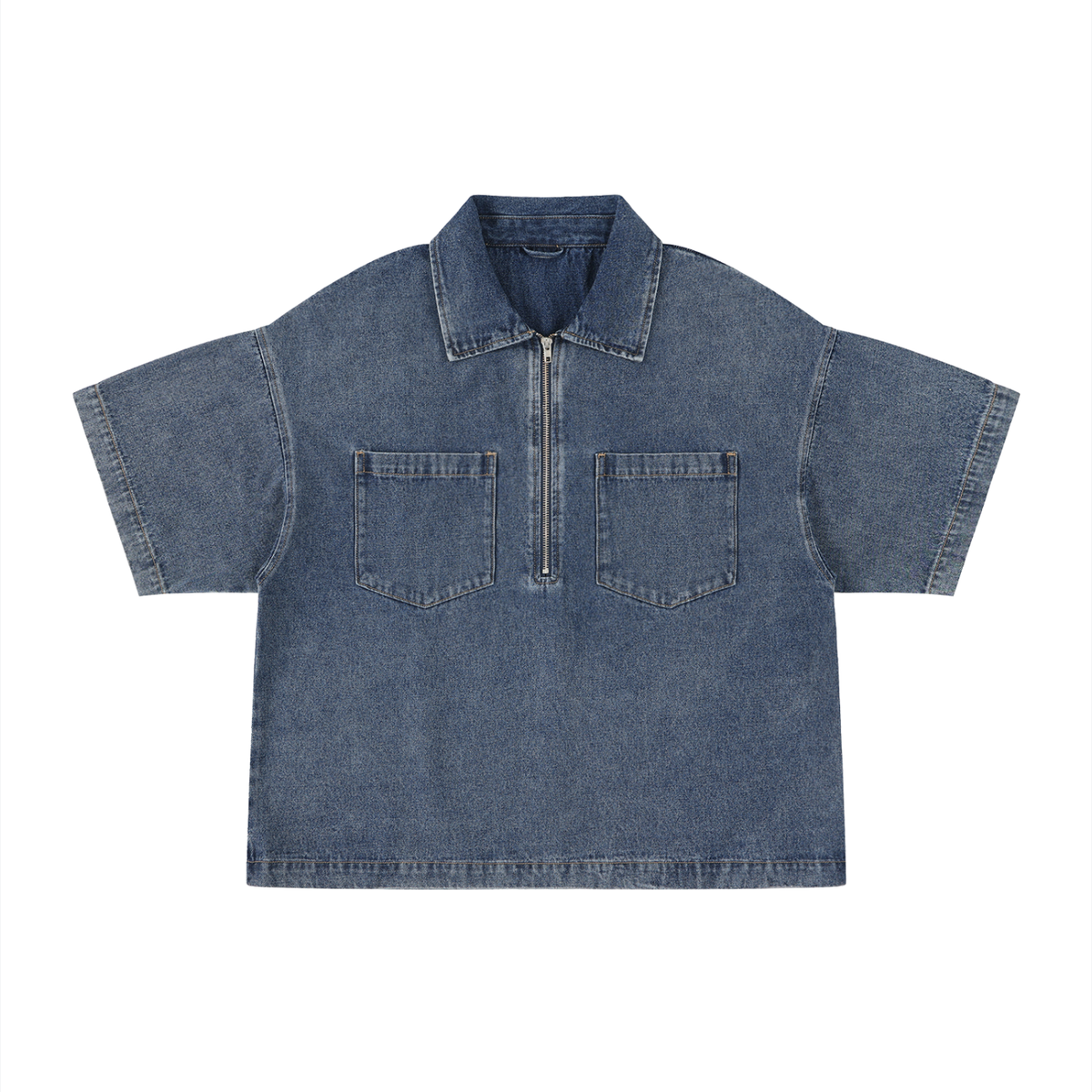 Unisex Vintage Wash Boxy Quarter-Zip Denim Shirt in jeans blue